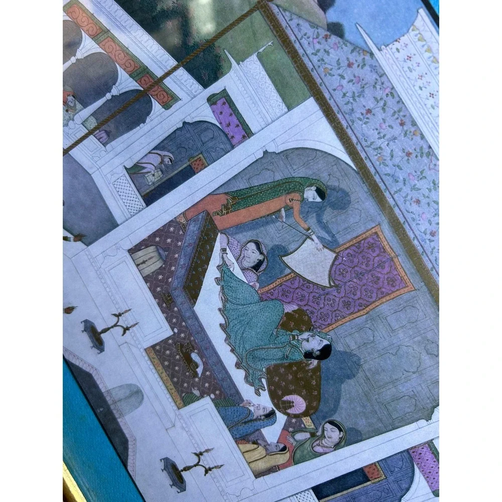Vintage Framed Indian Pahari Mahabharata Print Palace Scene Wall‎ Art